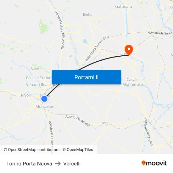 Torino Porta Nuova to Vercelli map