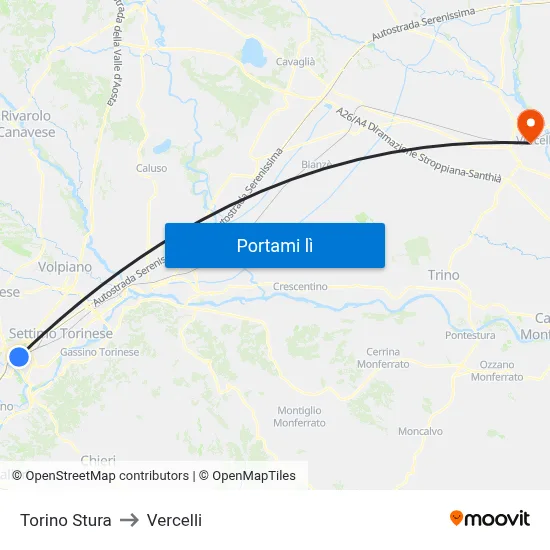 Torino Stura to Vercelli map