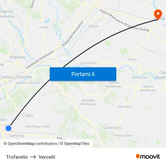 Trofarello to Vercelli map
