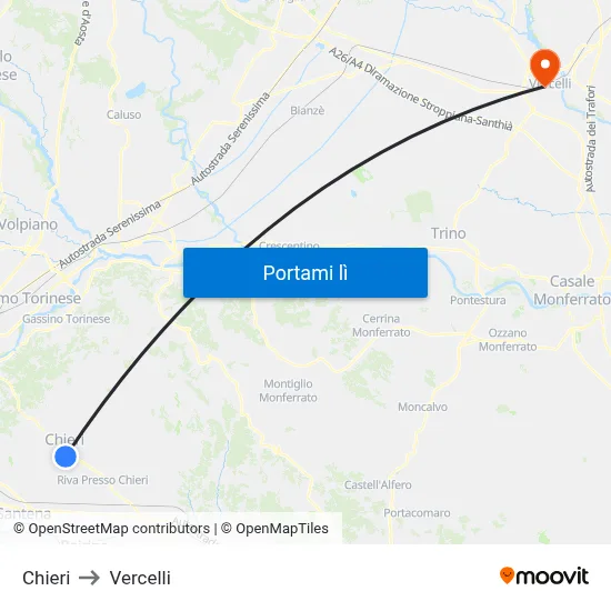 Chieri to Vercelli map
