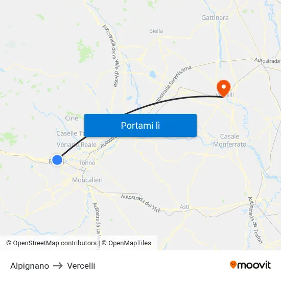 Alpignano to Vercelli map