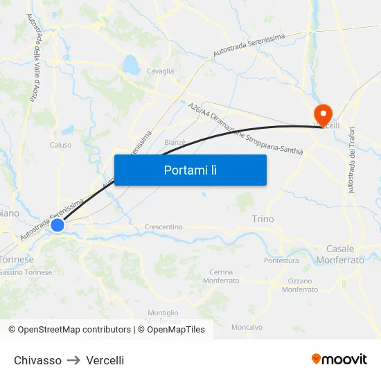 Chivasso to Vercelli map