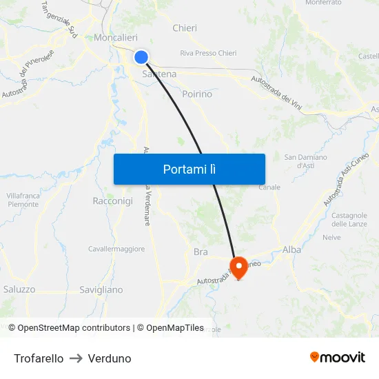 Trofarello to Verduno map