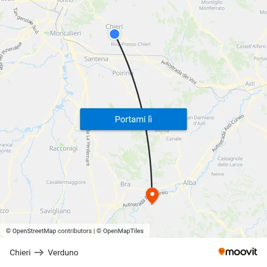 Chieri to Verduno map