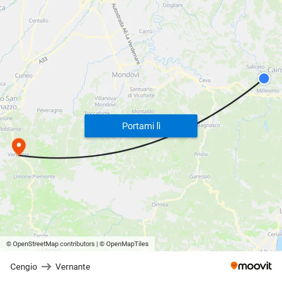Cengio to Vernante map