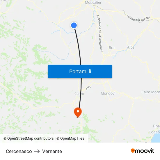 Cercenasco to Vernante map