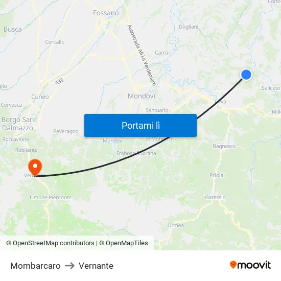 Mombarcaro to Vernante map