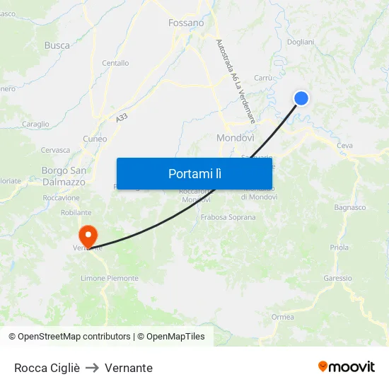 Rocca Cigliè to Vernante map