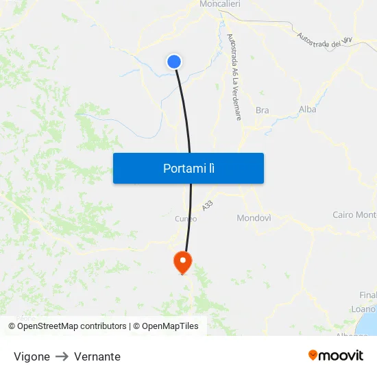 Vigone to Vernante map