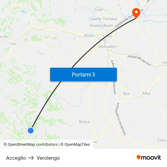 Acceglio to Verolengo map