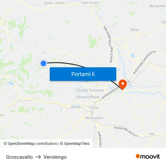 Groscavallo to Verolengo map