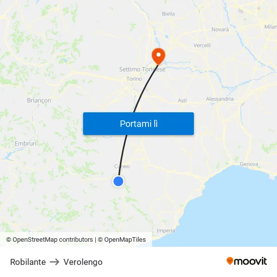 Robilante to Verolengo map