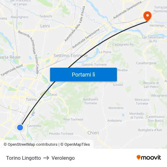 Torino Lingotto to Verolengo map