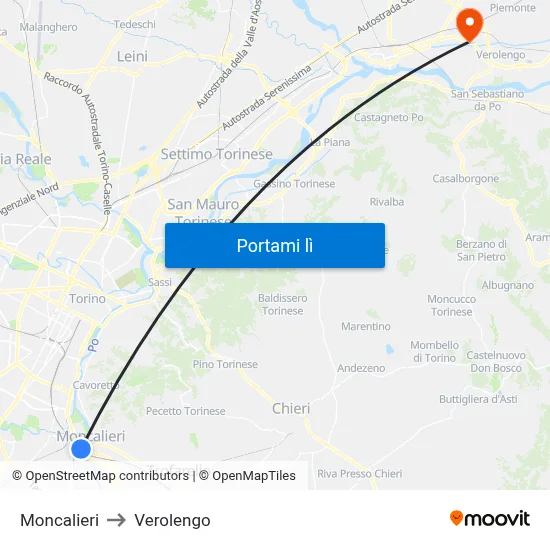 Moncalieri to Verolengo map