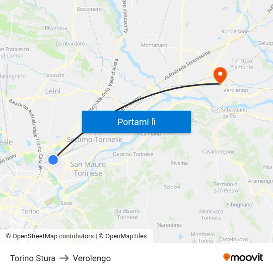 Torino Stura to Verolengo map