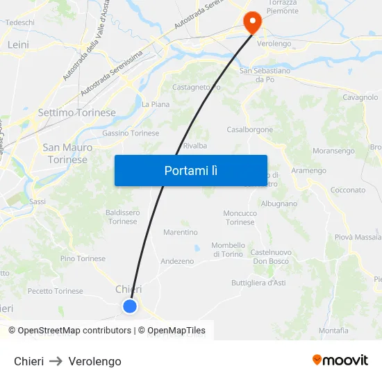 Chieri to Verolengo map