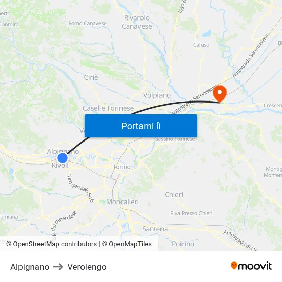 Alpignano to Verolengo map