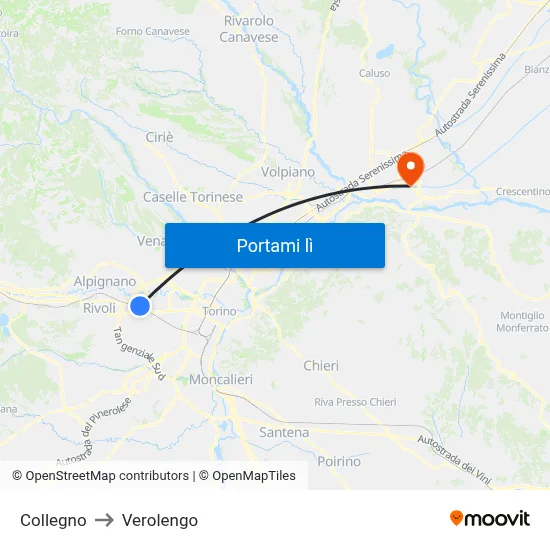 Collegno to Verolengo map