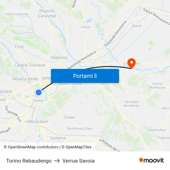 Torino Rebaudengo to Verrua Savoia map