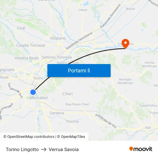 Torino Lingotto to Verrua Savoia map