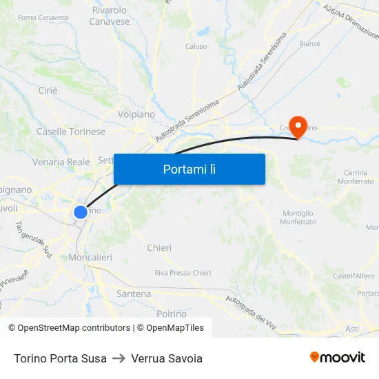 Torino Porta Susa to Verrua Savoia map