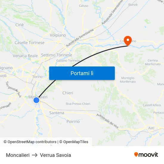 Moncalieri to Verrua Savoia map