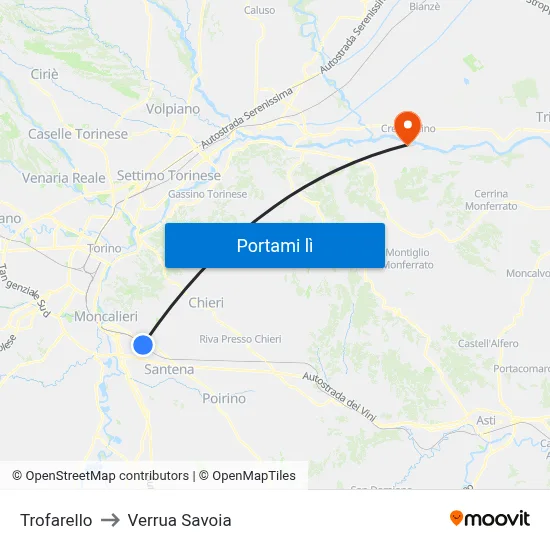Trofarello to Verrua Savoia map