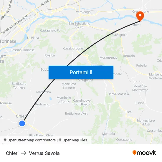 Chieri to Verrua Savoia map