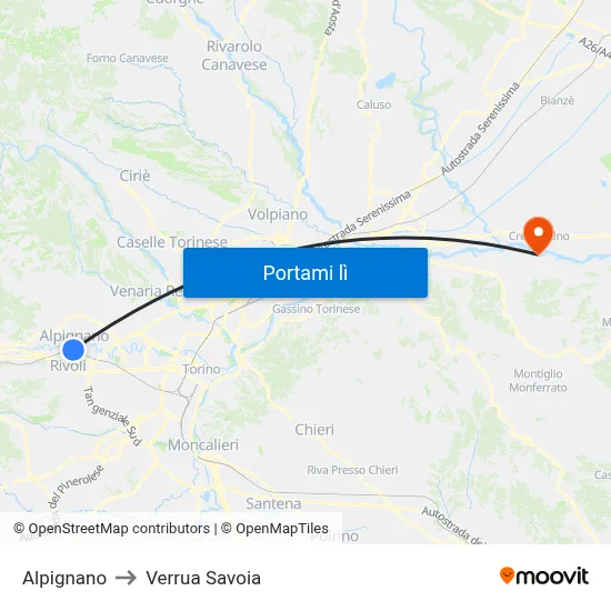 Alpignano to Verrua Savoia map
