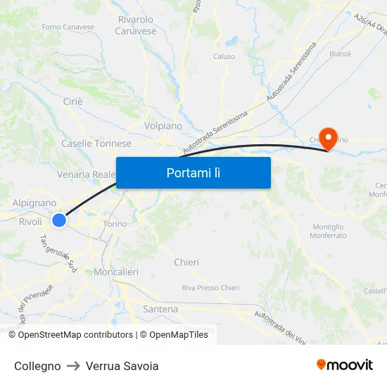 Collegno to Verrua Savoia map