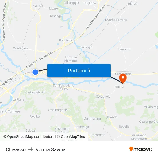 Chivasso to Verrua Savoia map