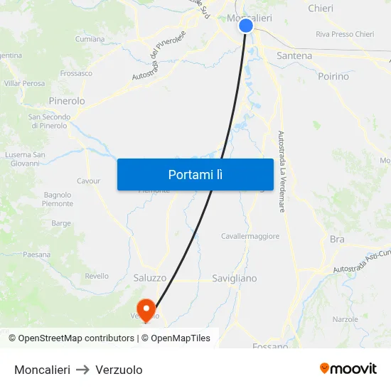 Moncalieri to Verzuolo map