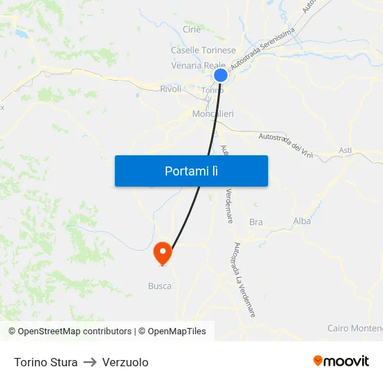 Torino Stura to Verzuolo map