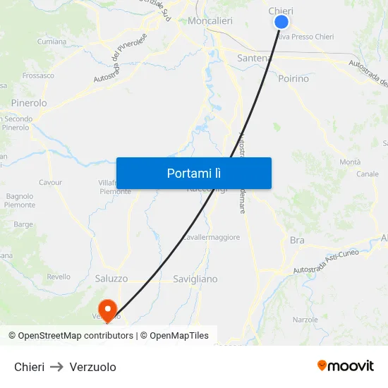 Chieri to Verzuolo map