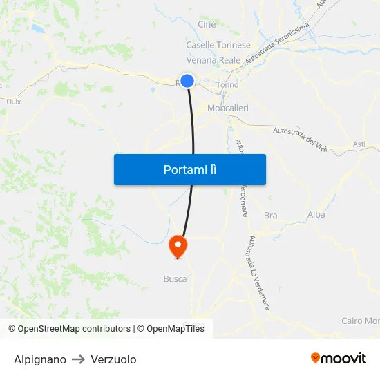 Alpignano to Verzuolo map