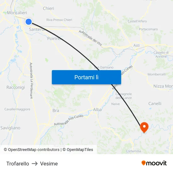 Trofarello to Vesime map
