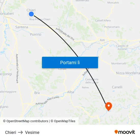 Chieri to Vesime map