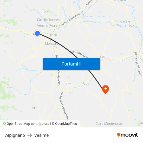 Alpignano to Vesime map