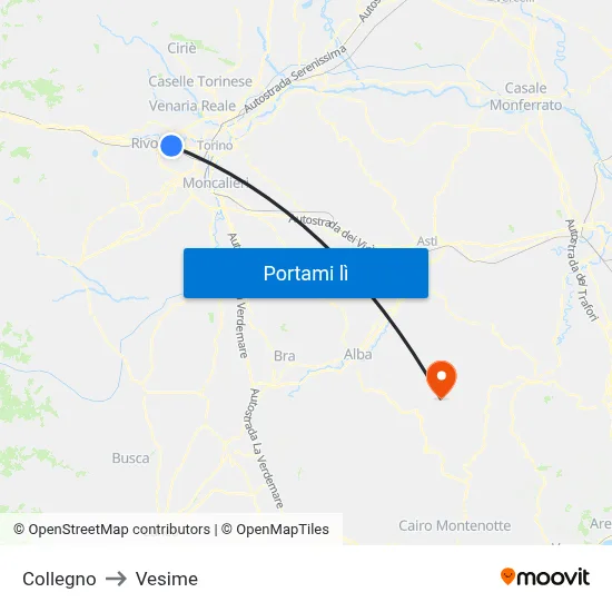 Collegno to Vesime map