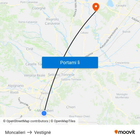 Moncalieri to Vestignè map
