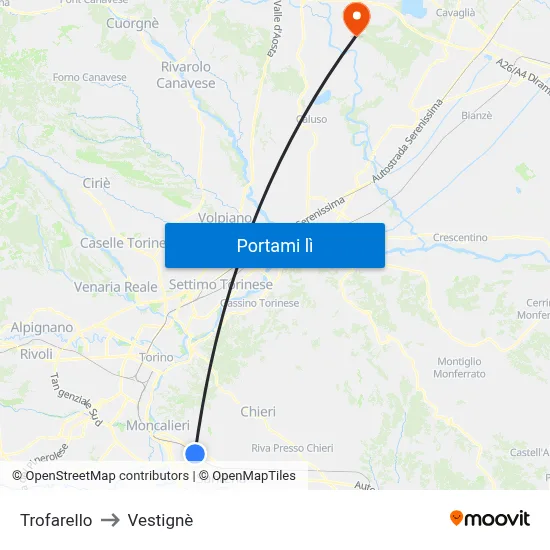 Trofarello to Vestignè map