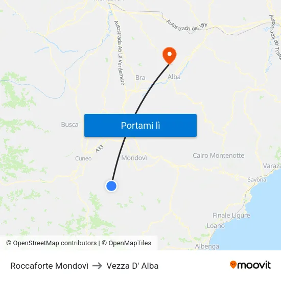 Roccaforte Mondovì to Vezza D' Alba map