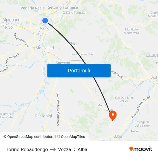 Torino Rebaudengo to Vezza D' Alba map