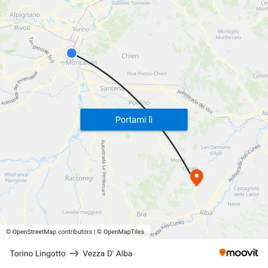 Torino Lingotto to Vezza D' Alba map