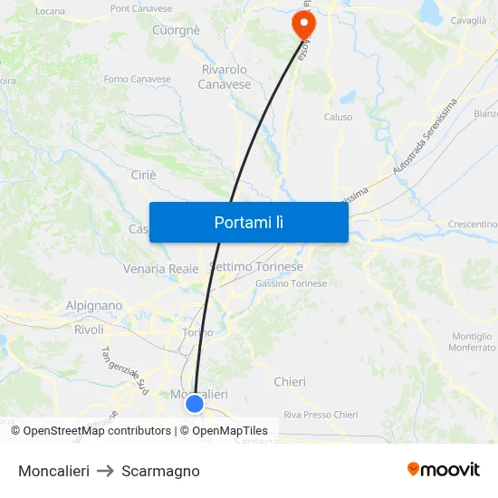 Moncalieri to Scarmagno map
