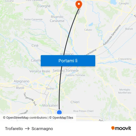 Trofarello to Scarmagno map