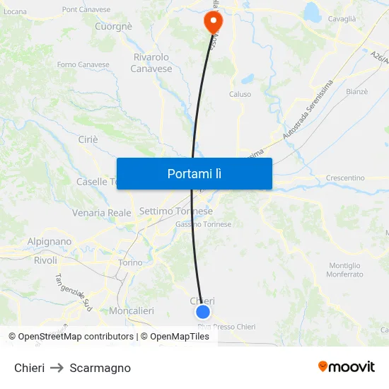 Chieri to Scarmagno map