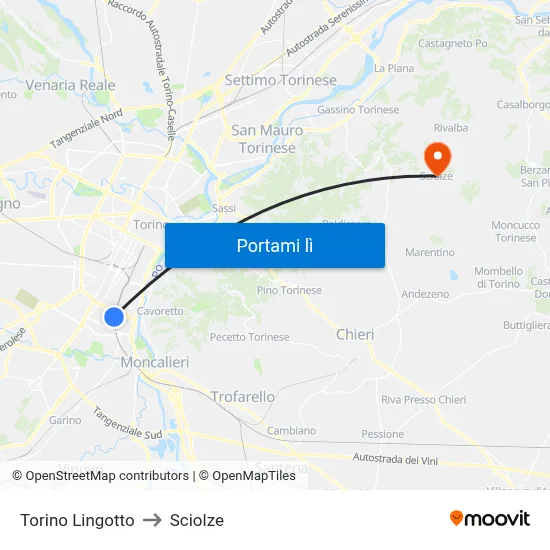 Torino Lingotto to Sciolze map