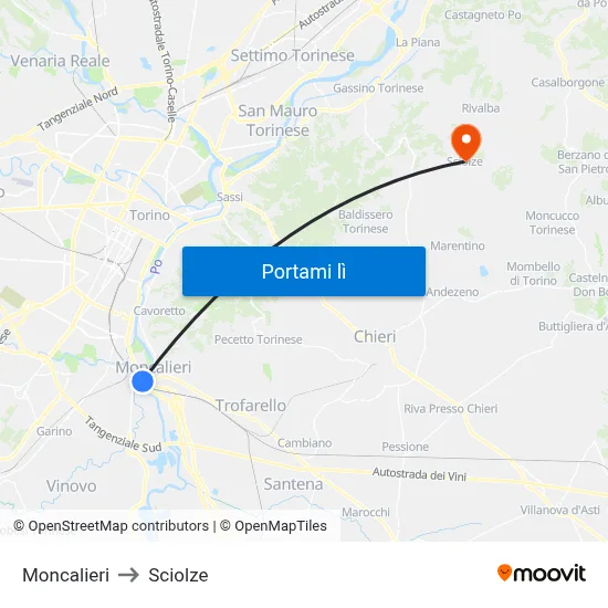 Moncalieri to Sciolze map