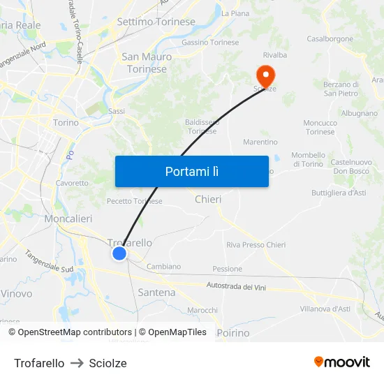Trofarello to Sciolze map